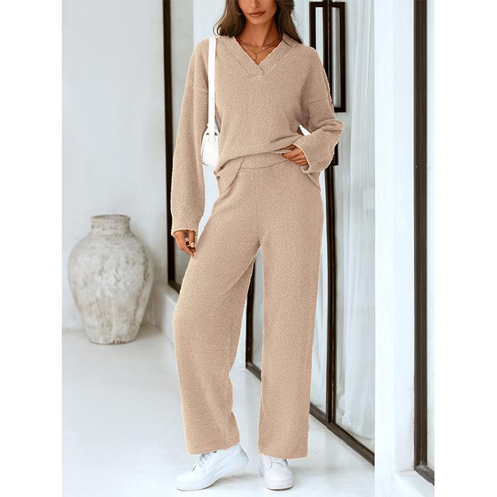 PrettyGarden Women's 2 Piece Pullover Sweater Set Oversized V Neck Tops Wide Leg Long Pants Tracksuit Lounge Outfit Womenswear Overalls Underwear Lady Minimalist