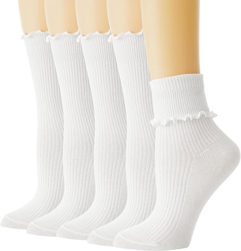 Ruffle Socks, Womens White Ankle Crew Cute Frilly Socks for Women Girls Turn-Cuff Lettuce Socks Size 5 7-9