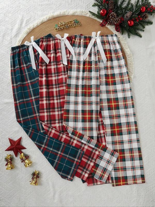 Women's Tartan Print Bow Front Pajama Pants, Casual Comfy Trousers for Daily Wear, Ladies Sleepwear for All Seasons