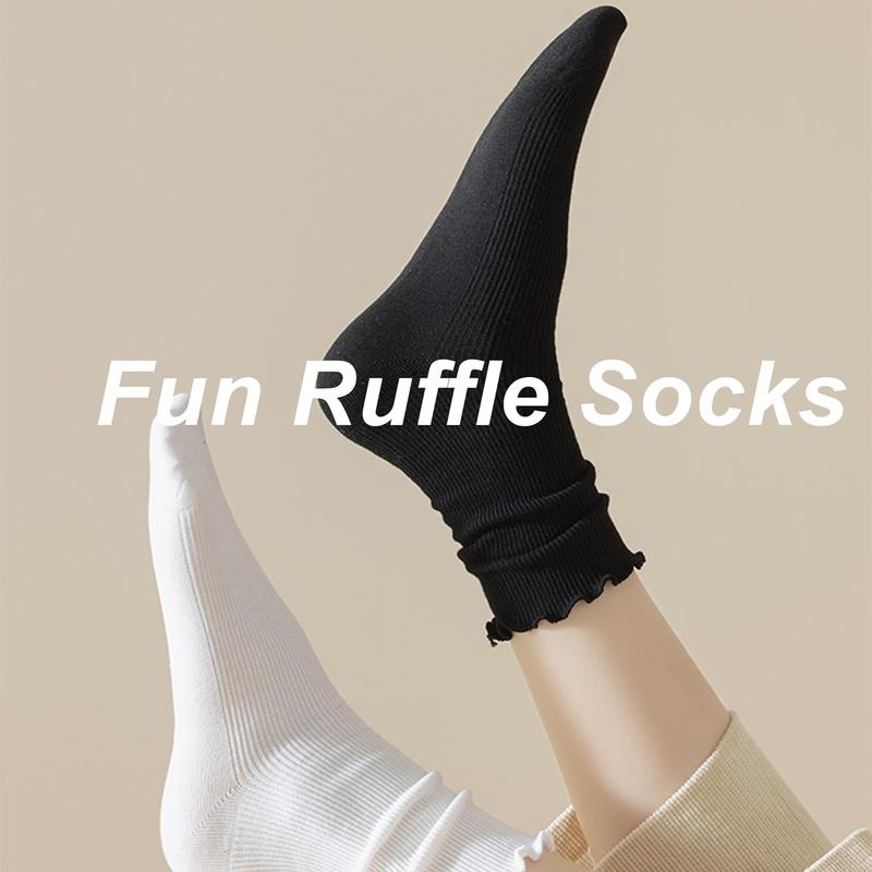 Ruffle Socks, Womens White Ankle Crew Cute Frilly Socks for Women Girls Turn-Cuff Lettuce Socks Size 5 7-9