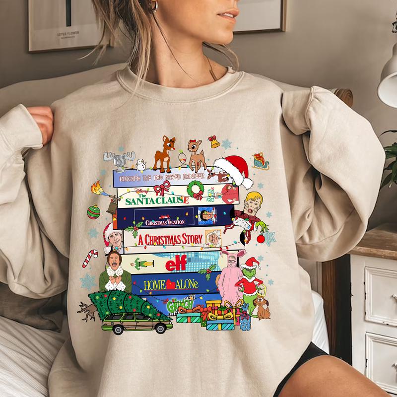 Christmas Movie Sweatshirt, Famous Christmas Movies Sweatshirt, Famous Movies Custom Sweatshirt, Home Alone, The Santa Clause Fabric Womenswear