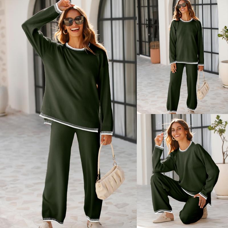 Tanming Women's 2 Piece Sweater Sets Outfits Long Sleeve Knit Pullover Tops Wide Leg Pants Lounge Sets Tracksuits