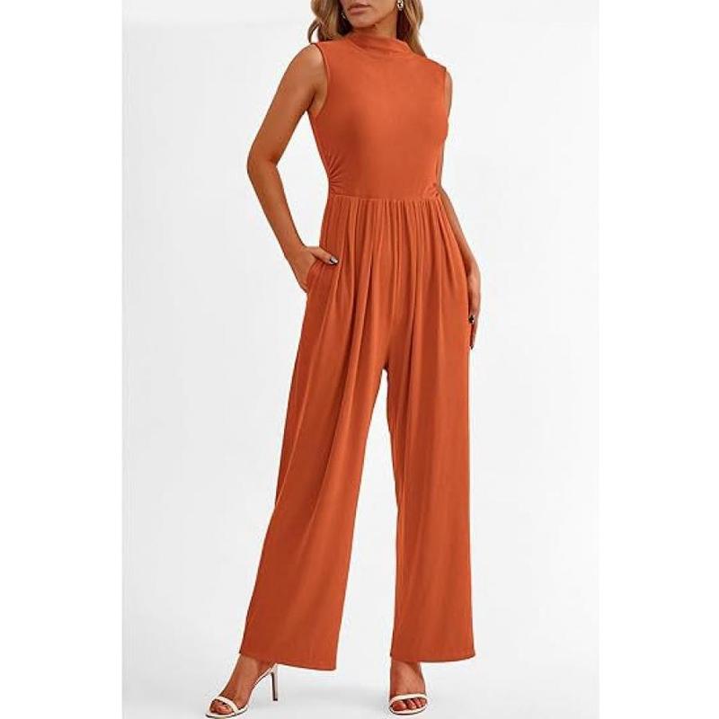 Women's Elegant Summer Jumpsuit Formal Casual One-Piece Sleeveless Ladies Wide Leg One-Piece Pant Belt Pockets