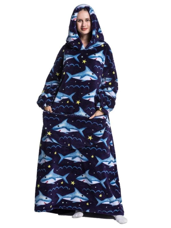 Couple's All Over Print Drop Shoulder Pocket Hooded Sleep Blanket for Nightwear, Halloween Casual Comfy Pocket Design Oversized Hooded Pajama Blanket, Couple Fall & Winter Sleepwear