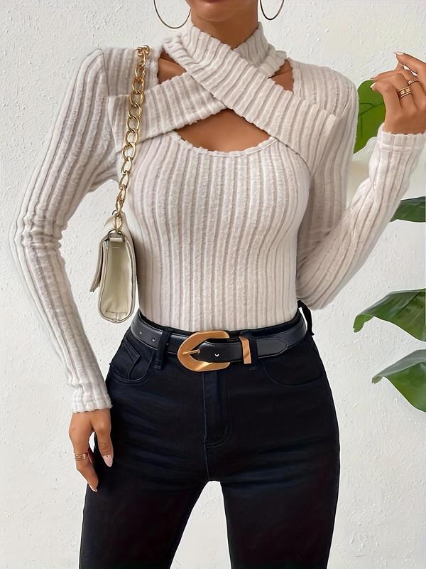 Women's Plain Criss Cross Cut Out Halter Neck Ribbed Tee, Casual Long Sleeve T-shirt for Fall & Winter, Women's Clothing for Daily Wear