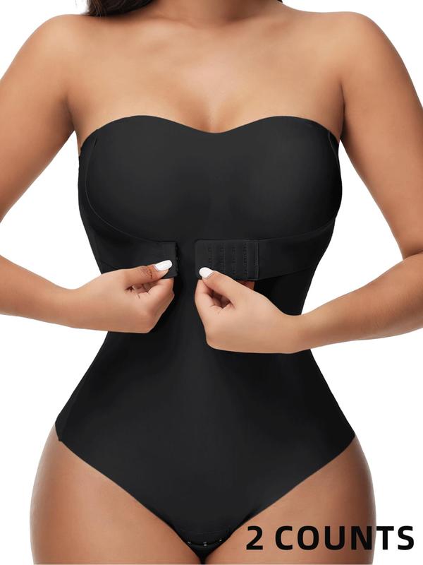 Women's Solid Backless Strapless Hook & Eye Closure Shapewear Bodysuit, High Stretch Tummy Control Shaper, Ladies Shapewear for Daily Wear