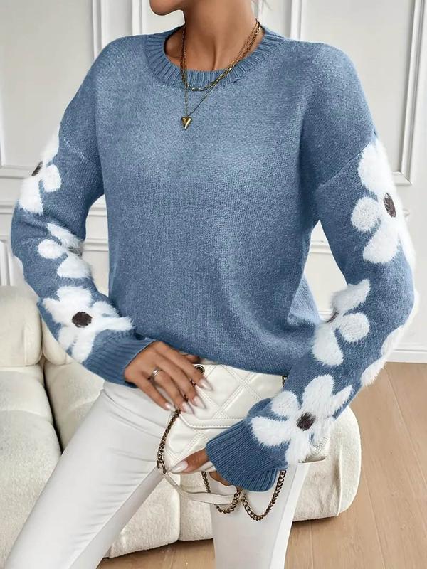 Women's Floral Embroidery Drop Shoulder Sweater, Casual Long Sleeve Round Neck Jumper for Fall & Winter, Fashion Ladies' Knitwear for Daily Wear