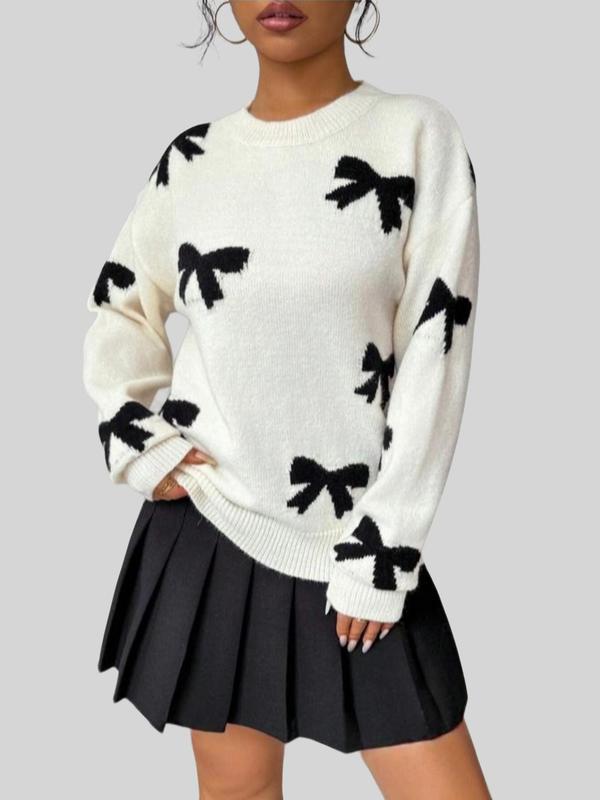  Bow Print Drop Shoulder Sweater, Casual Long Sleeve Round Neck Jumper for Fall & Winter, Women's Clothing for Daily Wear