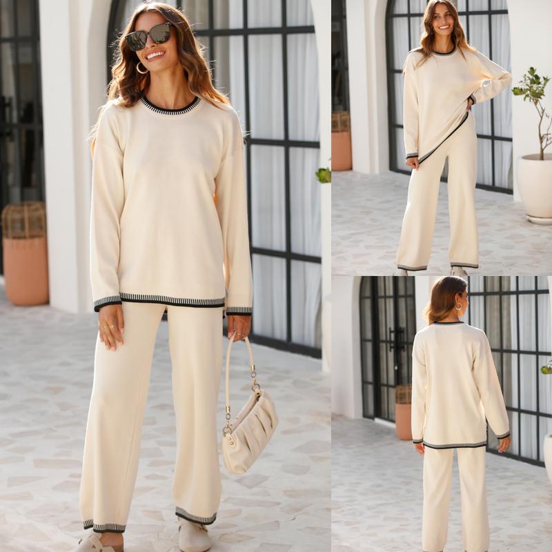 Tanming Women's 2 Piece Sweater Sets Outfits Long Sleeve Knit Pullover Tops Wide Leg Pants Lounge Sets Tracksuits