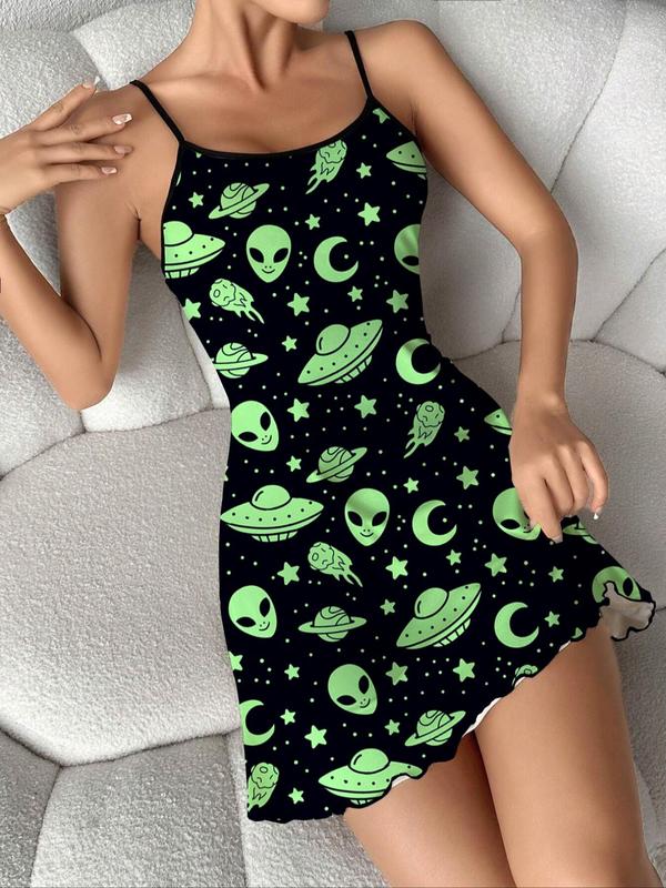 Women's All Over Alien Print Backless Lettuce Trim Cami Nightdress, Elegant Spaghetti Strap Nightgown, Soft Comfy Sleepwear for Women