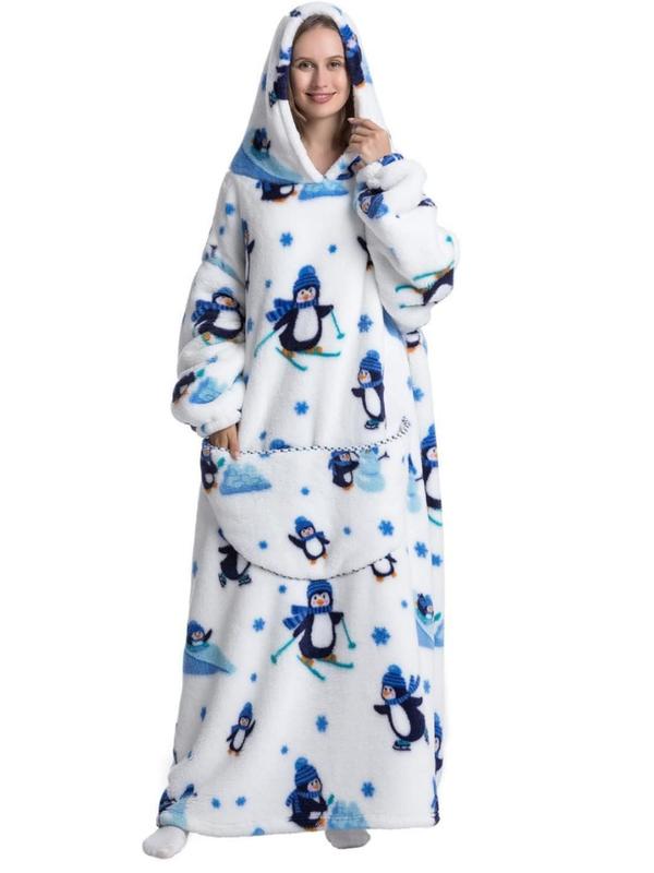 Couple's All Over Print Drop Shoulder Pocket Hooded Sleep Blanket for Nightwear, Halloween Casual Comfy Pocket Design Oversized Hooded Pajama Blanket, Couple Fall & Winter Sleepwear