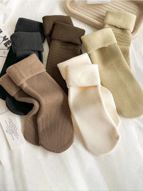 Women's 5 Pairs Solid Fuzzy Crew Socks, Fashion Cozy Warm Mid-calf Socks for Daily Outdoor Wear, Comfort Women Socks for Fall & Winter, Basic Minimalist Womenswear