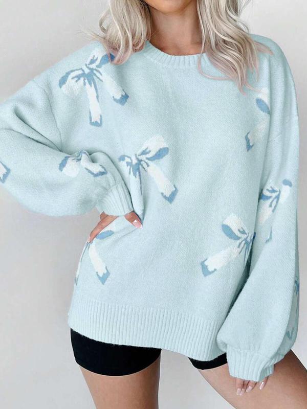 Women's Bow Print Drop Shoulder Sweater, Casual Long Sleeve Round Neck Jumper for Fall & Winter, Cute Sweaters, Fashion Ladies' Knitwear for Daily Wear