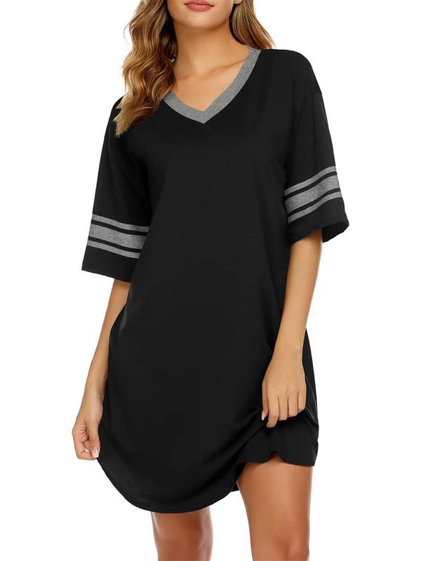 Women's Striped Print Drop Shoulder V Neck Nightdress, Casual Comfy Half Sleeve Nightgown for All Seasons, Ladies Sleepwear for Indoor Wear