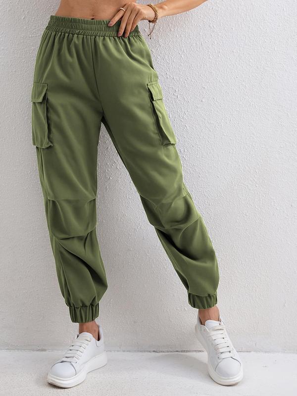 Women's Plain Ruched Flap Pocket Cargo Pants, Casual Elastic Waist Trousers for Fall & Winter, Women's Bottoms for Daily Wear, Pants for Women