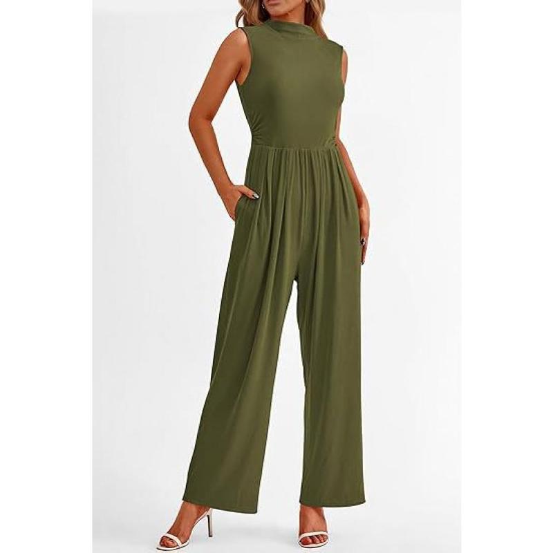 Women's Elegant Summer Jumpsuit Formal Casual One-Piece Sleeveless Ladies Wide Leg One-Piece Pant Belt Pockets