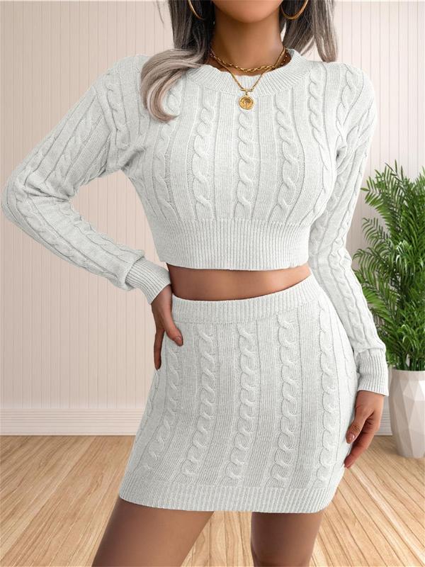 Two-Piece Set Women's Solid Color Textured Crop Sweater & Bodycon Skirt Knitting Set, Casual Fashion Drop Shoulder Crew Neck Jumper & Short Skirt for Daily Outdoor Wear, Women's Knitwear for Fall & Winter