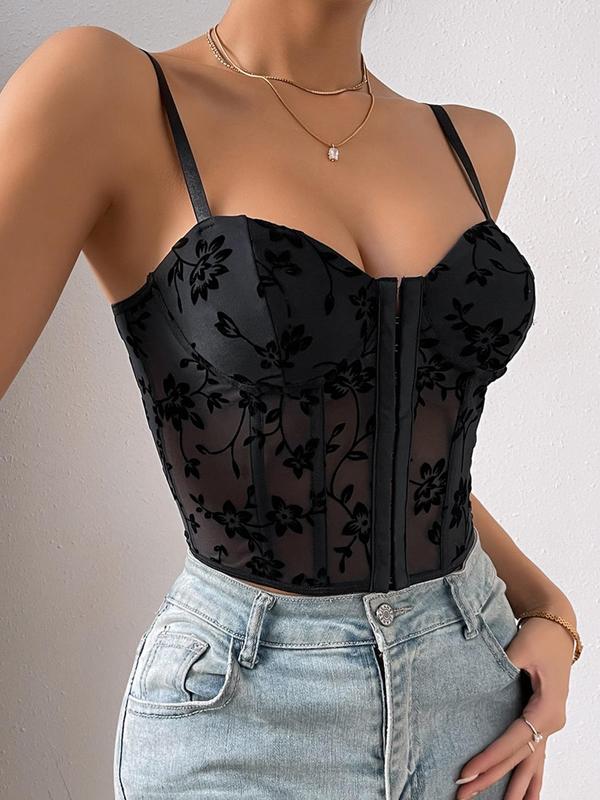 Women's Floral Print Hook & Eye Cami Top, Sexy Sheer Tulle Crop Top, Summer Clothes Women, Summer Camisole Tops