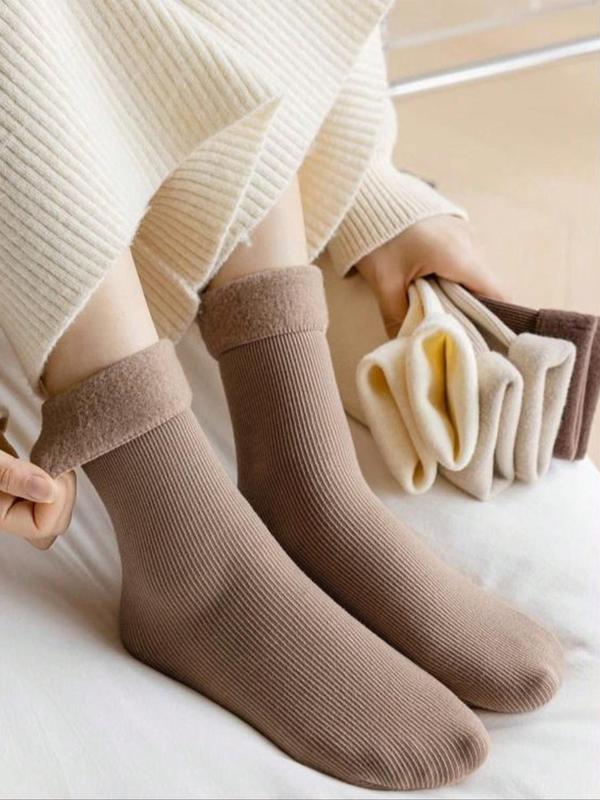 Women's 5 Pairs Solid Fuzzy Crew Socks, Fashion Cozy Warm Mid-calf Socks for Daily Outdoor Wear, Comfort Women Socks for Fall & Winter, Basic Minimalist Womenswear