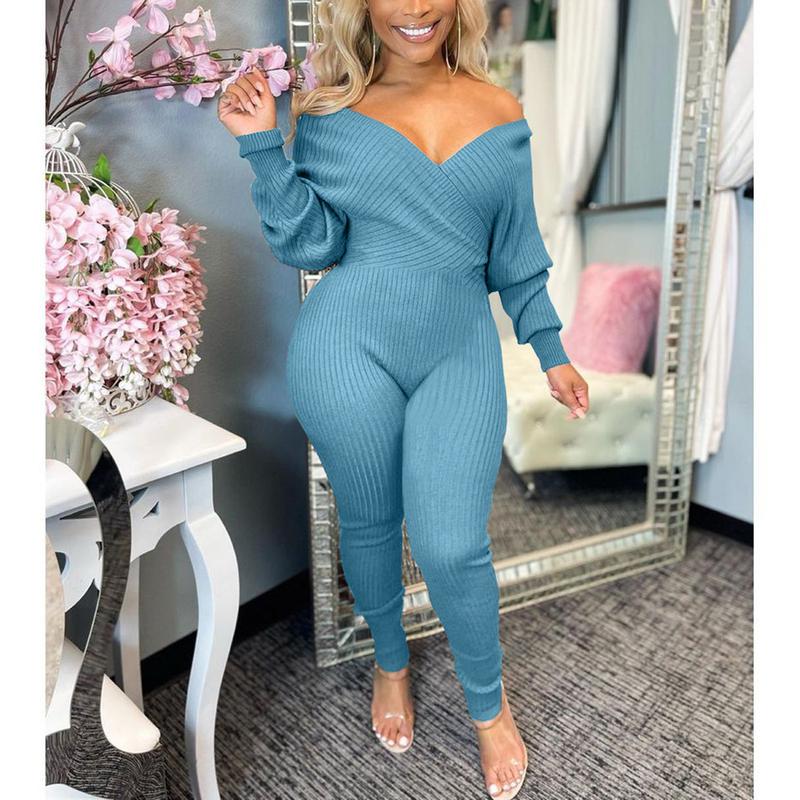 Echoine V Neck Ribbed One Piece Jumpsuit for Women-Plain Long Sleeve Off Shoulder Bodycon Long Romper Fabric Fit Womenswear Check Overalls Comfort Evening Basic