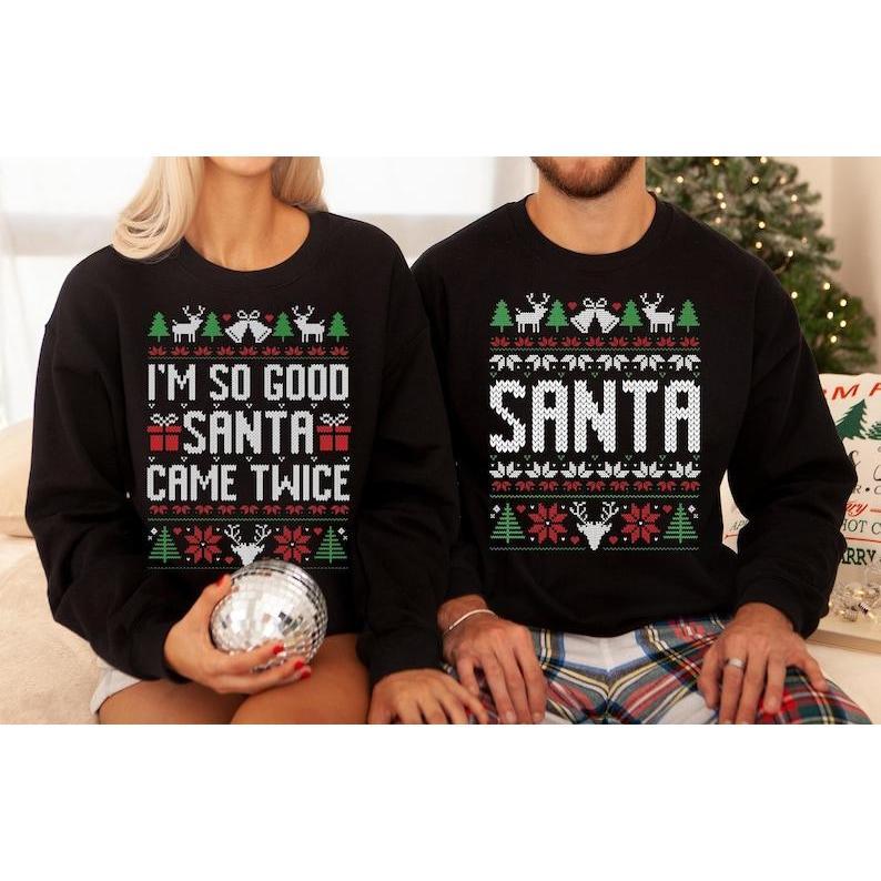 The Original Unisex Funny Couples Matching Ugly Christmas Sweater, Santa Twice, Christmas Pajamas, Sold Seperate