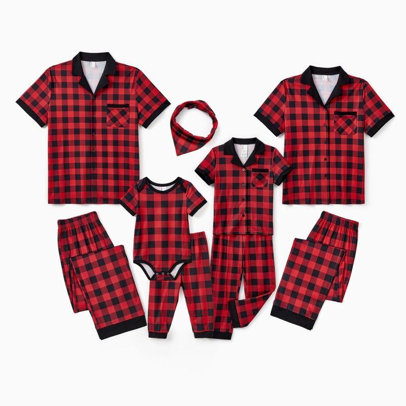 PatPat Christmas Pajamas Short Sleeves Red & Black Plaid Collared Pajamas Sets