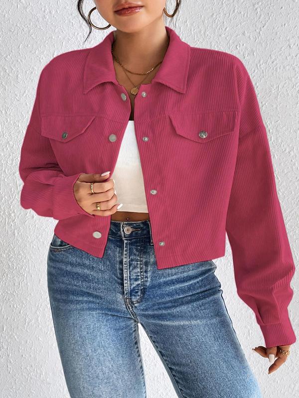 Plus Size Solid Color Button Front Fake Pocket Drop Shoulder Jacket, Casual Long Sleeve Collared Outerwear for Spring & Fall, Women's Clothes for Daily Wear