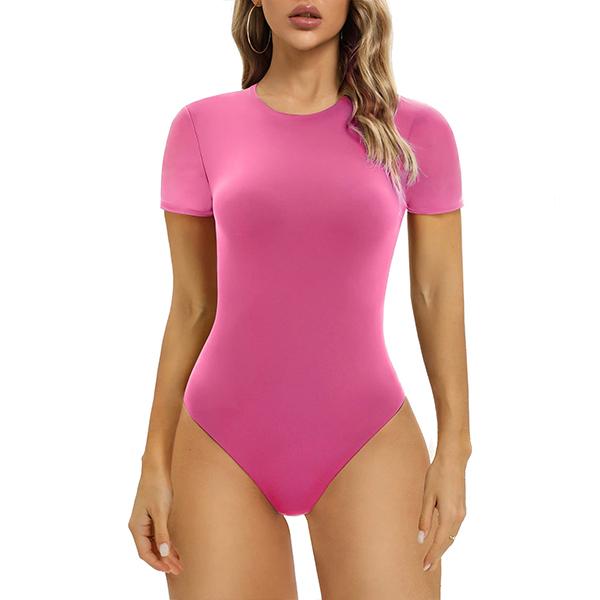 SHAPERX Short Sleeve Crew Neck Women Tops Bodysuit  Scoop Neck Thong Body Suits Basic Comfortable Womenswear No Compression