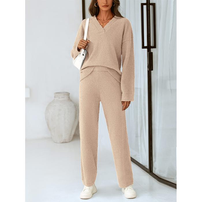 PrettyGarden Women's 2 Piece Pullover Sweater Set Oversized V Neck Tops Wide Leg Long Pants Tracksuit Lounge Outfit Womenswear Overalls Underwear Lady Minimalist