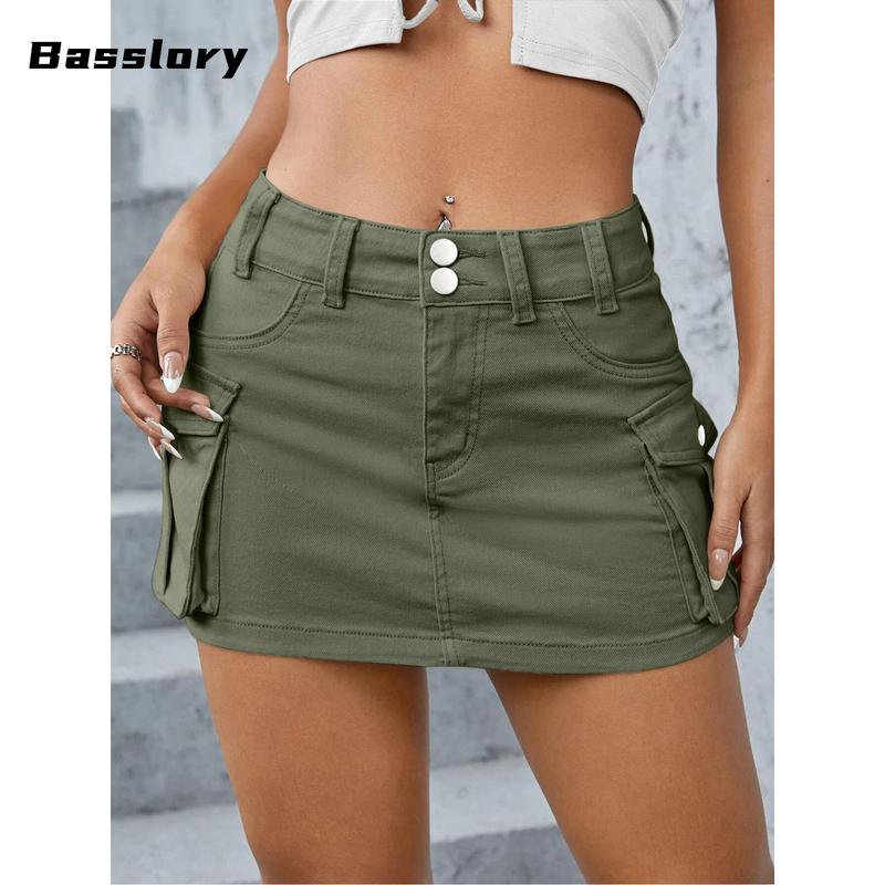 Women Mini Skirt Vintage Low Waist Cargo Skirt Summer Slim Fit Solid Color Skirt with Pockets for Club slim fit