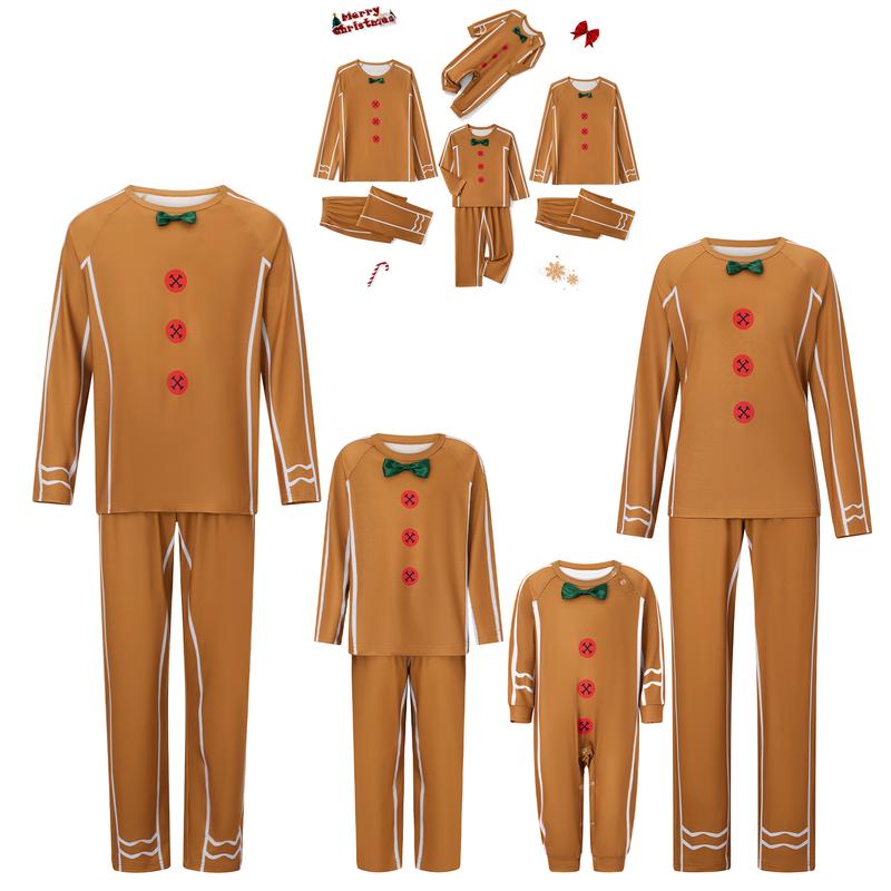 Gingerbread Man Matching Christmas Pajamas For Family, Gingerbread Man Bow Decor Print Tops and Pants Sleepwear Set