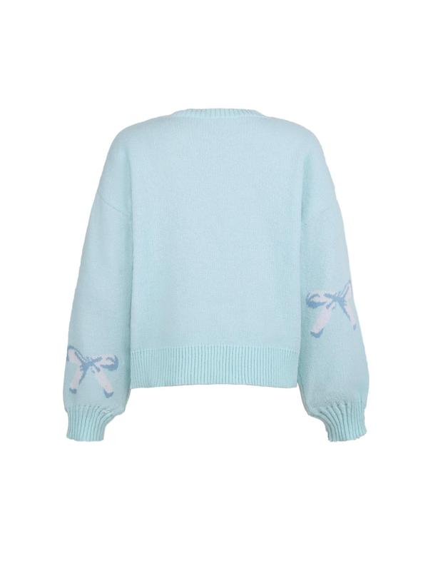 Women's Bow Print Drop Shoulder Sweater, Casual Long Sleeve Round Neck Jumper for Fall & Winter, Cute Sweaters, Fashion Ladies' Knitwear for Daily Wear