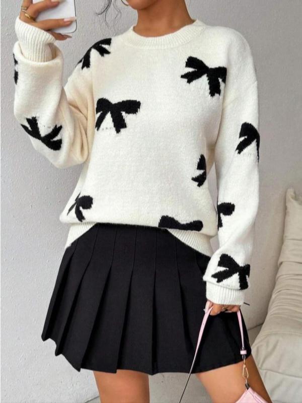  Bow Print Drop Shoulder Sweater, Casual Long Sleeve Round Neck Jumper for Fall & Winter, Women's Clothing for Daily Wear