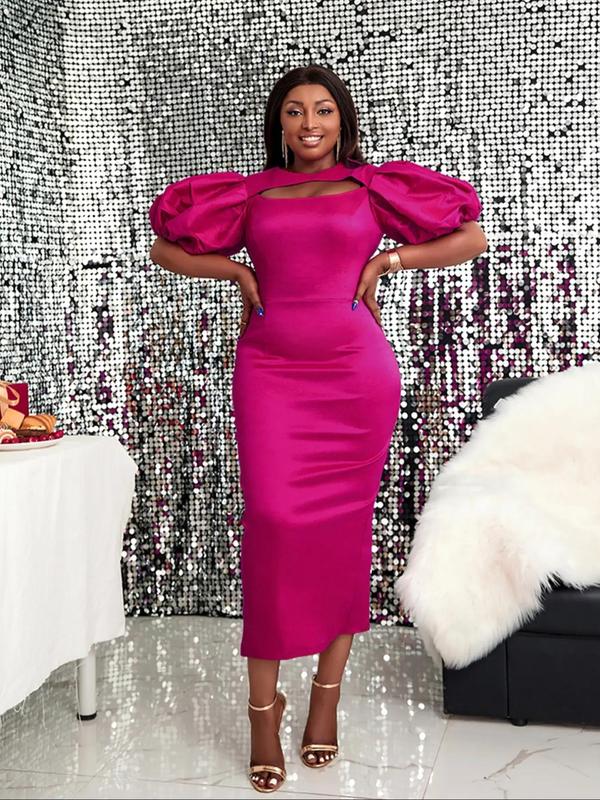 Plus Size Plain Puff Sleeve Cut Out Bodycon Dress, Elegant Split Thigh Short Sleeve Round Neck Evening Party Gown, Women's Plus Clothes for All Seasons