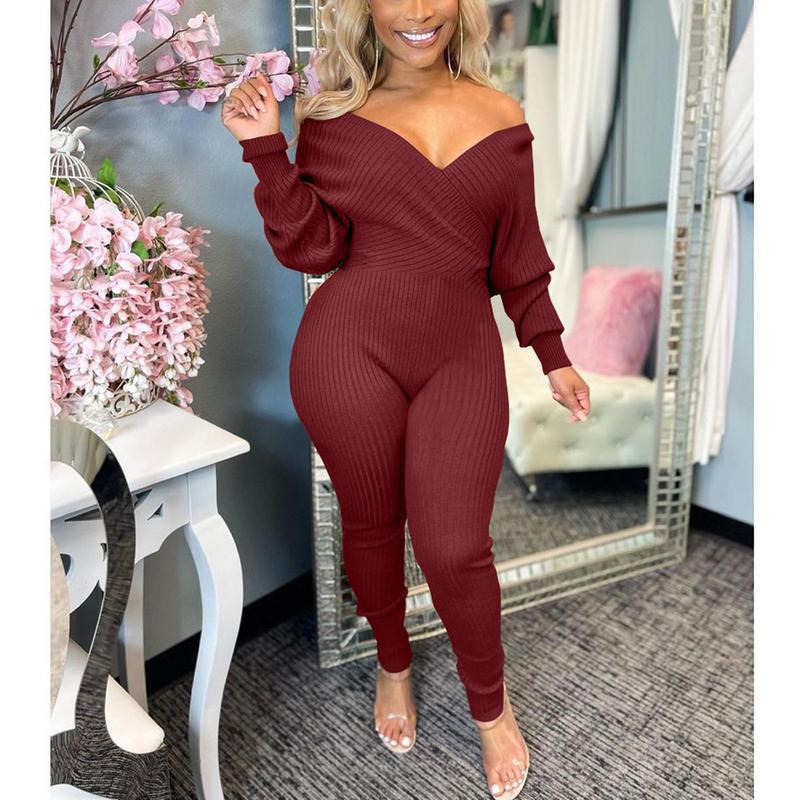 Echoine V Neck Ribbed One Piece Jumpsuit for Women-Plain Long Sleeve Off Shoulder Bodycon Long Romper Fabric Fit Womenswear Check Overalls Comfort Evening Basic