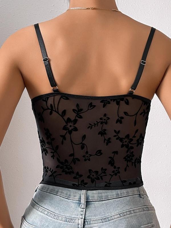 Women's Floral Print Hook & Eye Cami Top, Sexy Sheer Tulle Crop Top, Summer Clothes Women, Summer Camisole Tops