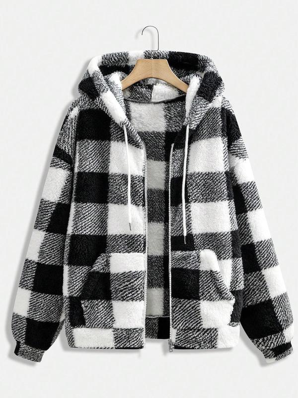  Plaid Print Pocket Zip Up Drawstring Hooded Jacket, Casual Long Sleeve Drop Shoulder Fuzzy Outerwear for Fall & Winter, Women's Clothes for Daily Wear