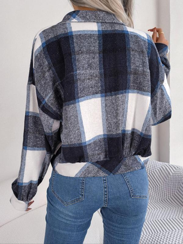 Women's Plaid Print Button Front Drop Shoulder Jacket, Casual Long Sleeve Collared Outerwear for Fall & Winter, Ladies Clothes for Daily Wear, Fall Clothes 2024