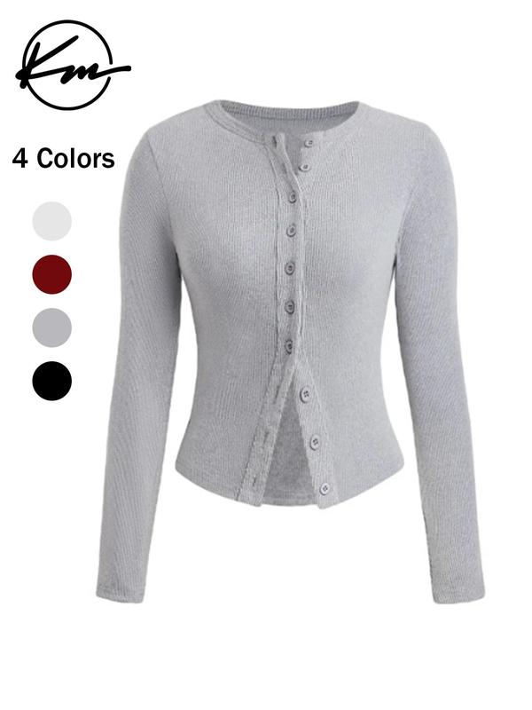 Women's Solid Button Front Ribbed Cardigan, Casual Long Sleeve Round Neck Knitwear for Fall & Winter, Fashion Ladies' Knit Clothing for Daily Wear