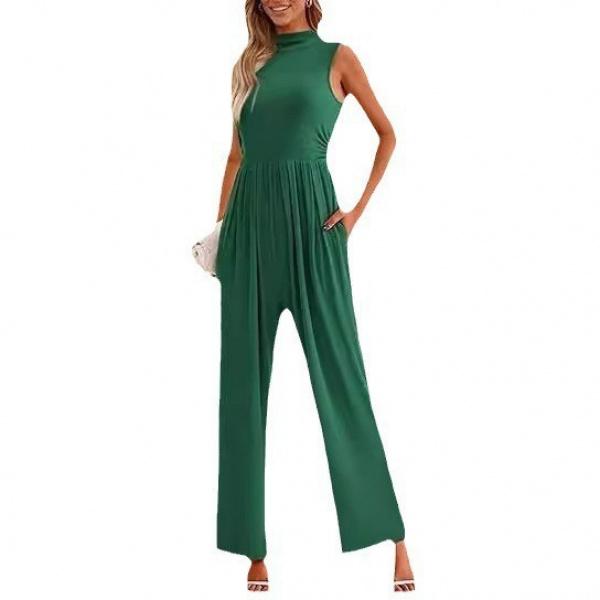 Women's Elegant Summer Jumpsuit Formal Casual One-Piece Sleeveless Ladies Wide Leg One-Piece Pant Belt Pockets