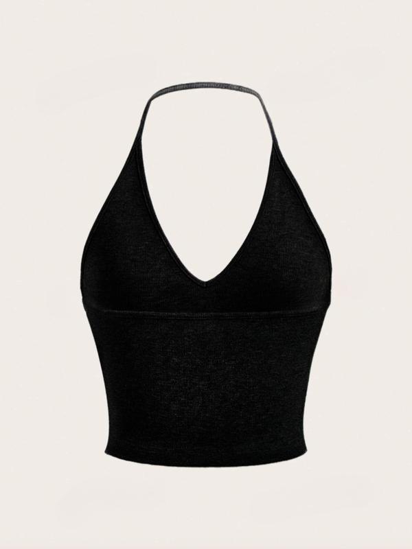 Women's Solid Halter Neck Crop Cami Top, Casual Sleeveless Backless Cropped Top for Summer, Fashion Women's Top for Daily Wear