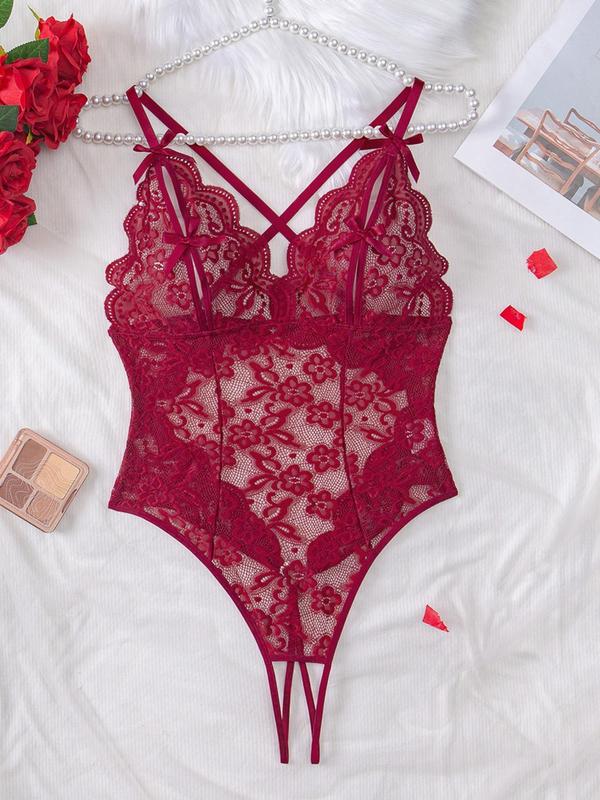 Women's Bow Front Criss Cross Cut Out Floral Lace Bodysuit, Rhinestone Heart Decor Adjustable Strap Scallop Trim Bodysuit, Ladies Summer Clothes