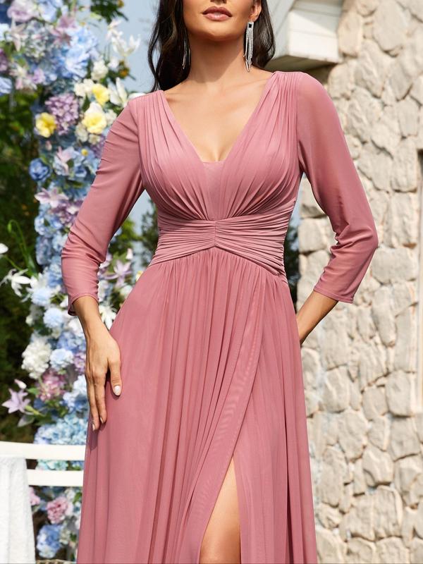 Women's Plain Ruched Split Thigh V Neck Vintage Party Dress, Elegant 3 4 Sleeve A Line Maxi Dress for Party Wedding Guest, Ladies Summer Clothes