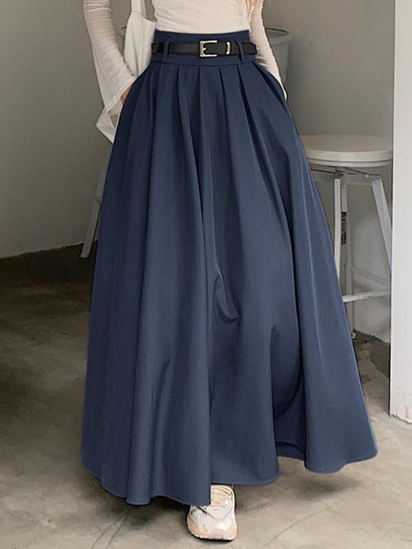 Women's Solid Pocket Zipper High Waist Pleated Skirt, Casual Fashion A Line Long Skirt for Daily Wear, Ladies Bottoms for All Seasons