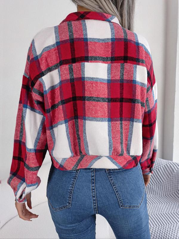 Women's Plaid Print Button Front Drop Shoulder Jacket, Casual Long Sleeve Collared Outerwear for Fall & Winter, Ladies Clothes for Daily Wear, Fall Clothes 2024