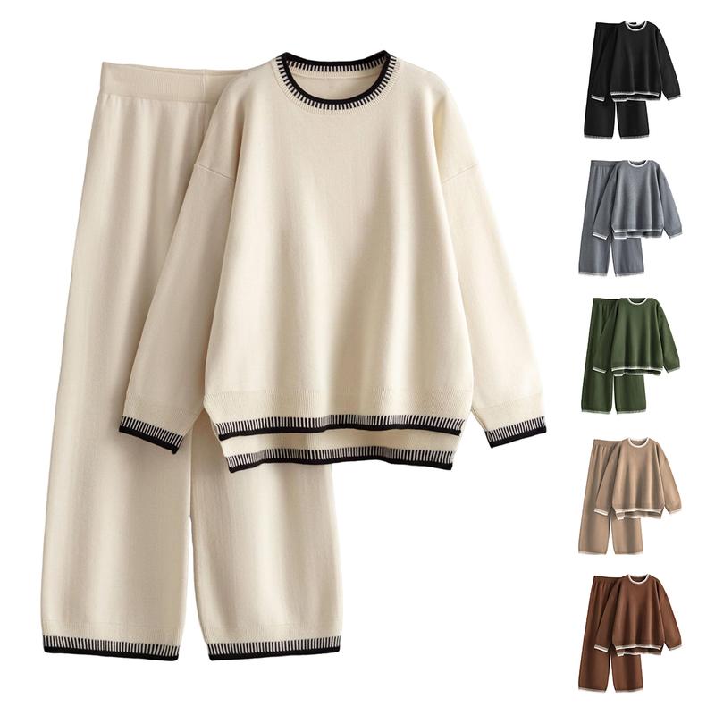 Tanming Women's 2 Piece Sweater Sets Outfits Long Sleeve Knit Pullover Tops Wide Leg Pants Lounge Sets Tracksuits