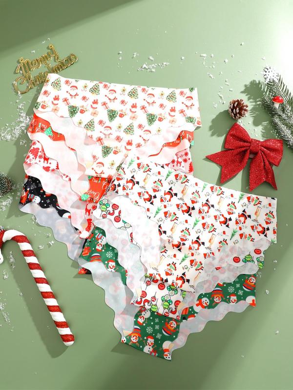 Women's Christmas Print Scallop Trim Panty, Soft Comfy Breathable Seamless Knicker for Daily Wear, Women's Underwear for All Seasons