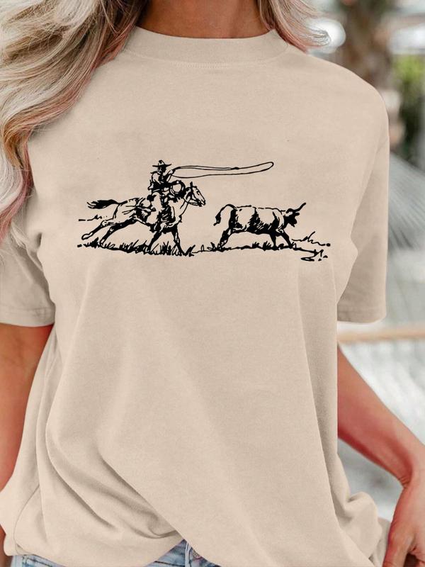 Women's Horseman & Cow Print Round Neck Tee, Casual Short Sleeve Crew Neck T-shirt for Daily Wear, Ladies Clothes for All Seasons