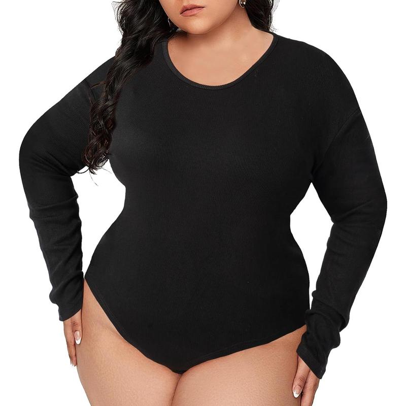 Plus size women's long sleeve bodysuit crew neck bodysuit tops for curly women