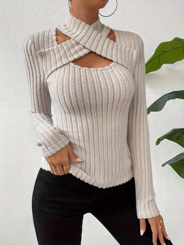 Women's Plain Criss Cross Cut Out Halter Neck Ribbed Tee, Casual Long Sleeve T-shirt for Fall & Winter, Women's Clothing for Daily Wear